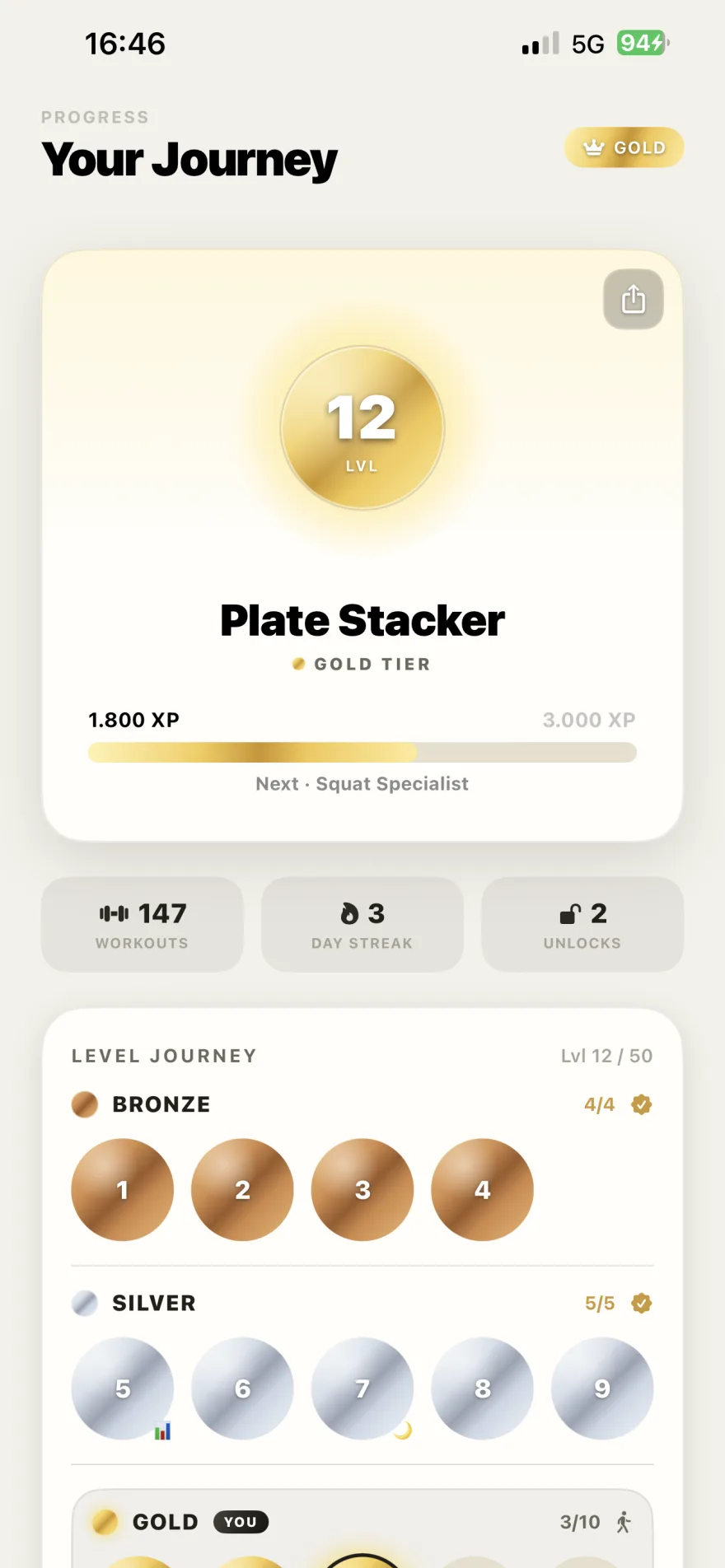 GymRhythm level journey with 50 levels and real unlocks