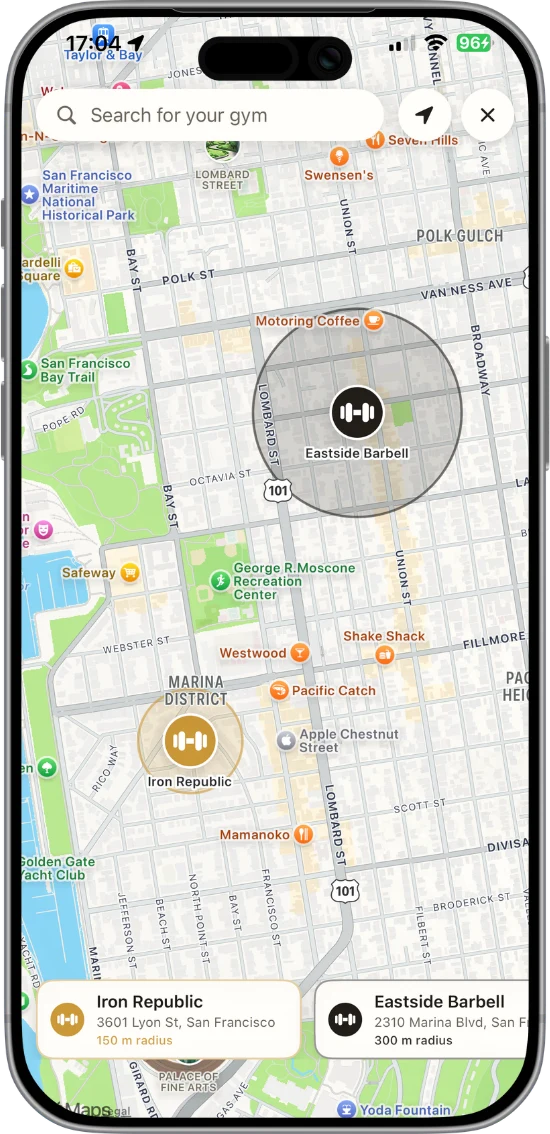 Pinning a gym on the map in GymRhythm with a custom detection radius