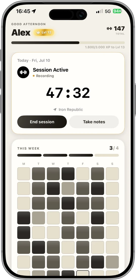 GymRhythm home screen with an active, automatically detected gym session