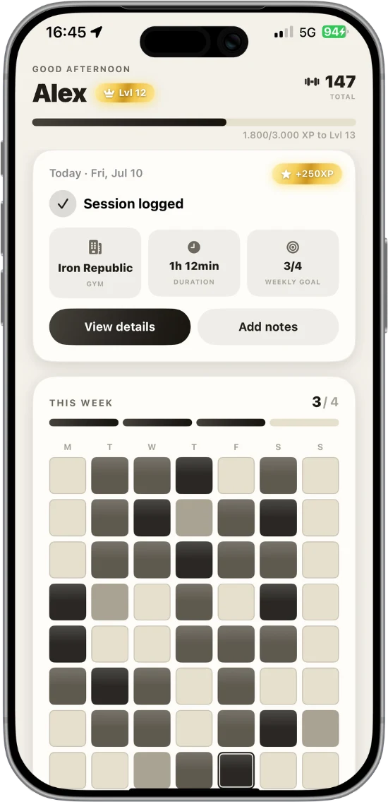 A gym session logged automatically in GymRhythm with gym name, duration, weekly goal progress and XP reward