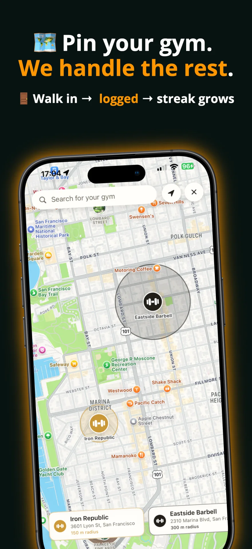 Pinning a gym on the map in GymRhythm with a custom detection radius