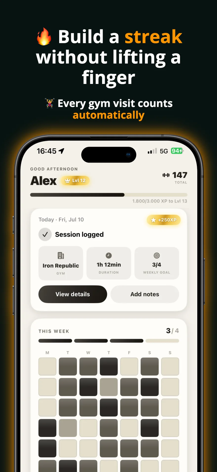 Automatically logged gym session in GymRhythm showing duration, weekly goal progress and XP reward
