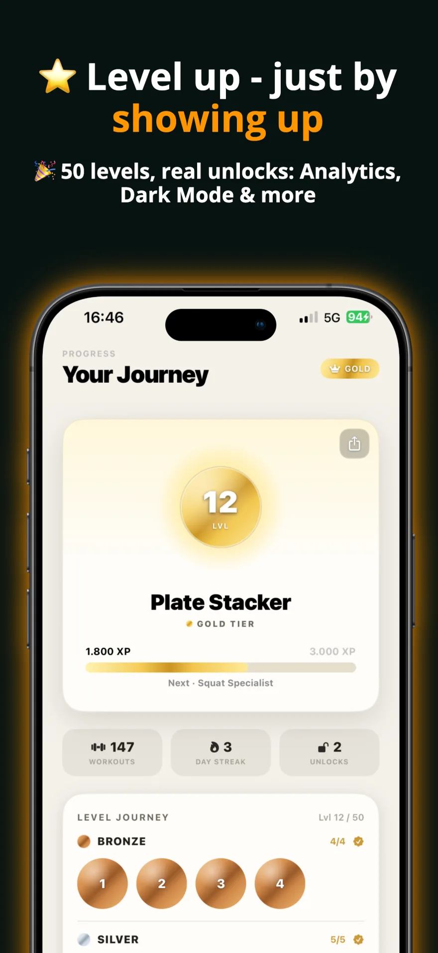 GymRhythm level journey screen showing level 12 gold tier out of 50 levels with unlocks