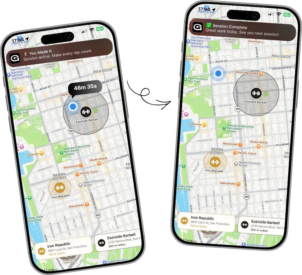 GymRhythm detecting a gym session automatically: the session starts when you arrive at your pinned gym and is logged as complete when you leave